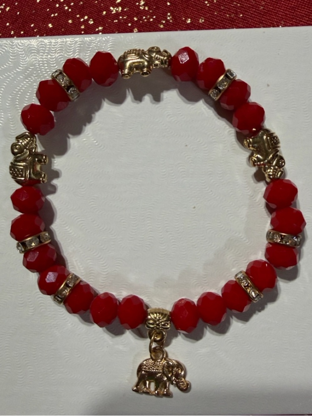 Gold Elephant Red Beaded Stretch Bracelet